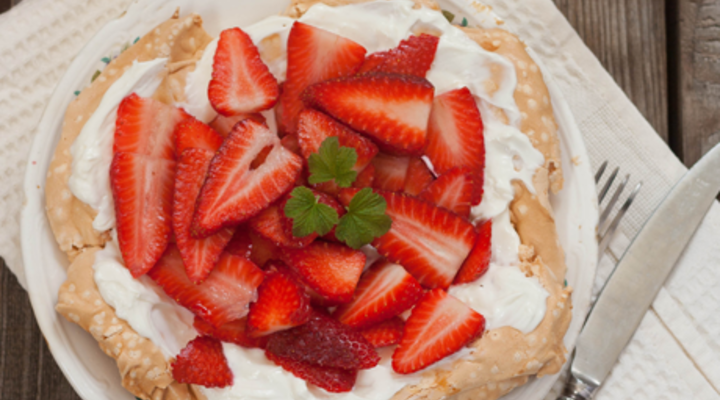 Chocolate Swirl Pavlova with Fresh Cream & Strawberries