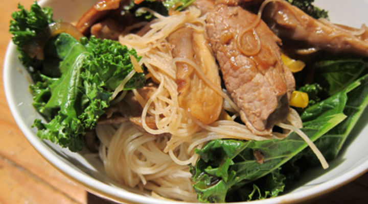 Stir Fry Pork with Mushrooms on Noodles