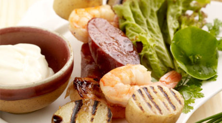 Baby Potato, Chorizo and Prawn Kebabs
