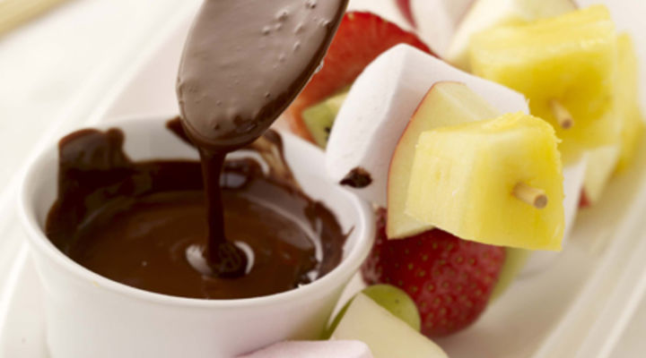 Fruit and Marshmallow Kebabs with Chocolate Sauce
