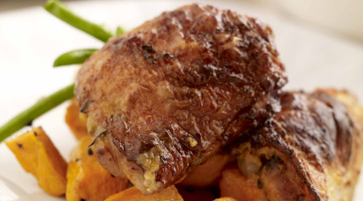 Baked Chicken Thighs with Curried Yogurt Marinade, Roasted Sweet Potatoes and Buttered Green Beans