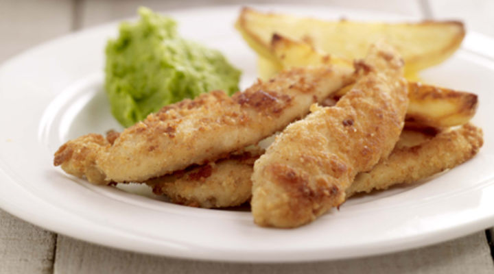 Cheesy Chicken Goujons, Pea Puree and Oven Baked Chips