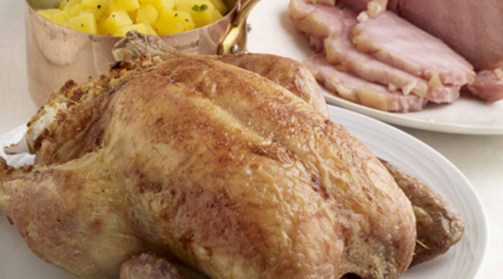 Roast Stuffed Chicken with Roasted Potatoes and Buttered Swede