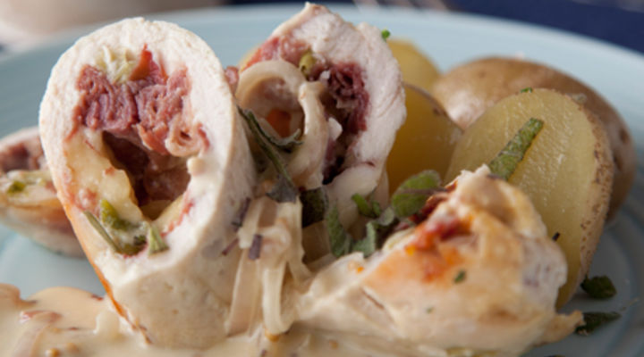 Roulade of Chicken with Cooleeney, Sundried Tomatoes & Prosciutto Ham