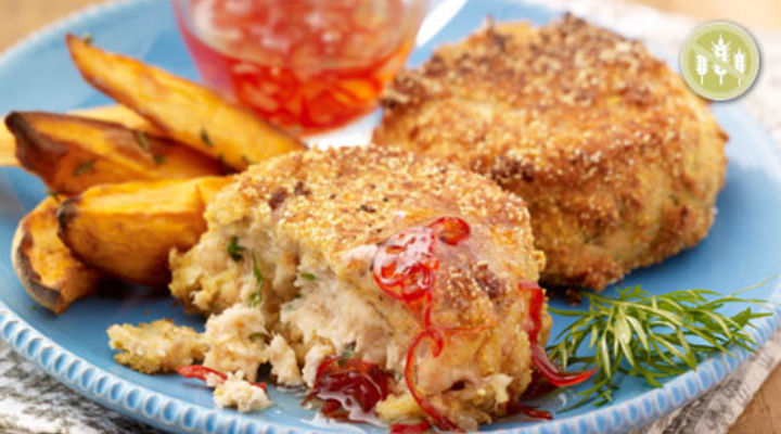 Salmon and Coriander Fishcake With Roasted Sweet Potatoes Wedges and Chilli Sauce