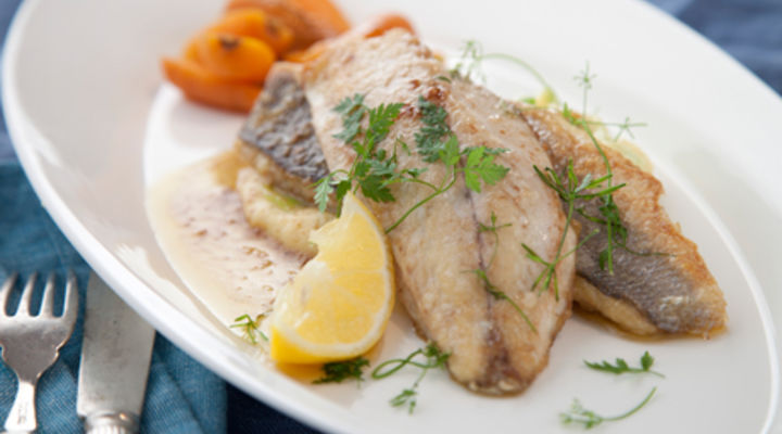 Seabass Fillets with Ginger Glazed Carrots and Champ