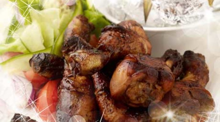 Sweet and Sticky Chicken Drumsticks, Baked Potato and Salad