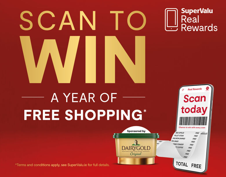 Scan To Win September • One Year Free Shopping gift card sponsored by Dairygold Spread • €100 SuperValu e-gift card for EVERY Store