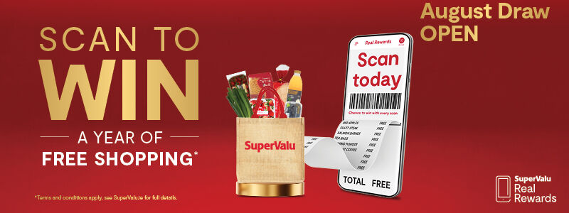 Scan To Win August • One Year Free Shopping gift card • €100 SuperValu e-gift card for EVERY Store