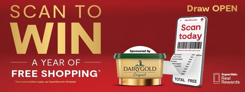 Scan To Win September • One Year Free Shopping gift card sponsored by Dairygold Spread • €100 SuperValu e-gift card for EVERY Store
