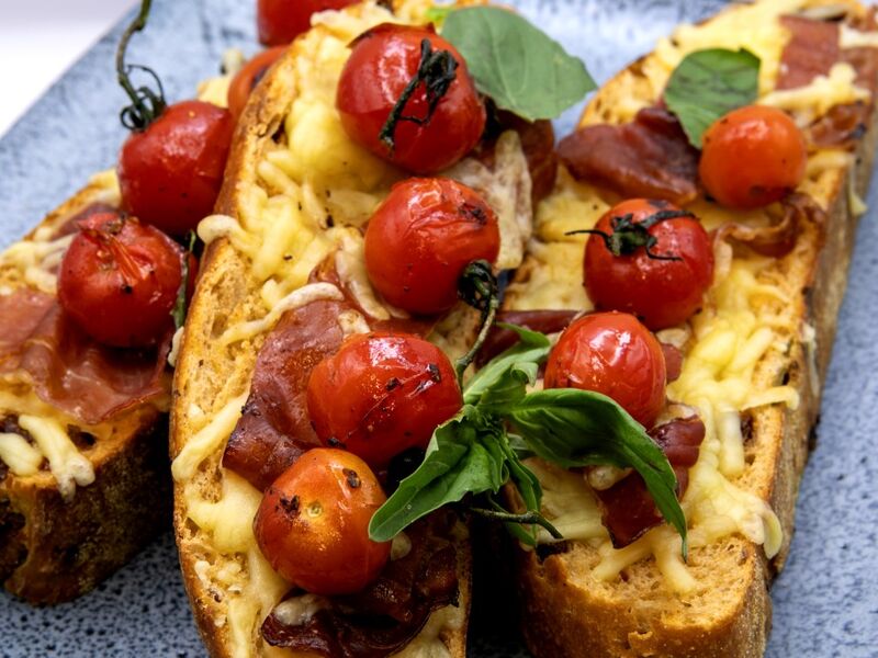 Baked Gruyere, Prosciutto and Cherry Tomato Bruschetta