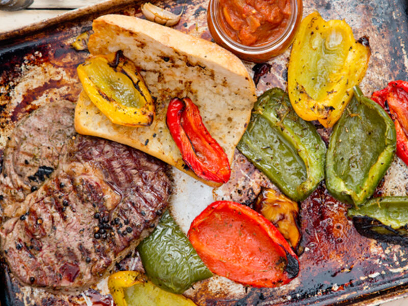 Grilled rib eye steak sambos with grilled peppers recipe