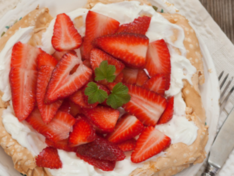 Chocolate Swirl Pavlova with Fresh Cream & Strawberries