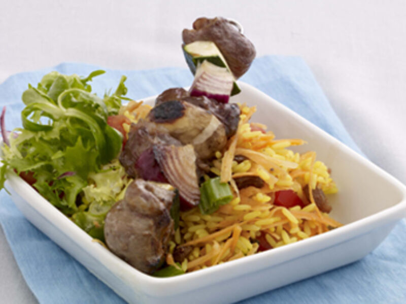 Beef and Vegetable Skewers with Soy and Honey Marinade and Curried Rice Salad