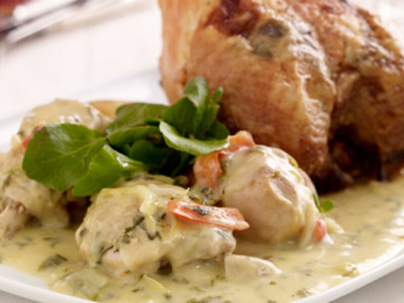 Roast Crown of Chicken with Fricassee of Legs and Thighs