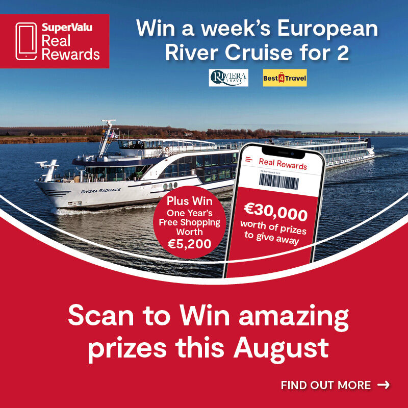 Scan to Win August One Year Free Shopping gift card • €100 SuperValu e-gift card for EVERY Store • A week-s European River Cruise for 2