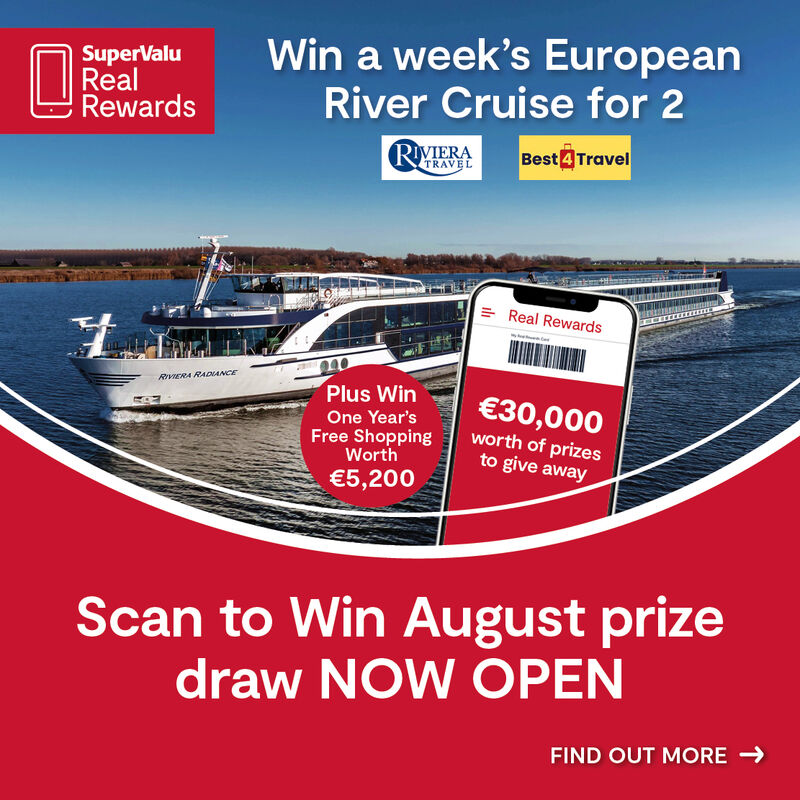 Scan to Win August One Year Free Shopping gift card • €100 SuperValu e-gift card for EVERY Store • A week-s European River Cruise for 2 Prize draw now open