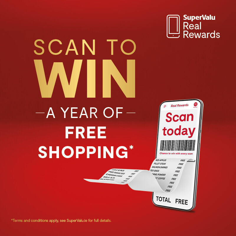Scan To Win August • One Year Free Shopping gift card • €100 SuperValu e-gift card for EVERY Store