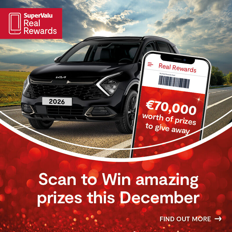 Scan to Win December Kia Car •One Year Free Shopping gift card • €100 SuperValu e-gift card for EVERY Store