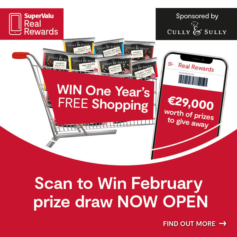 Scan to Win February One Year Free Shopping gift card • €100 SuperValu e-gift card for EVERY Store 