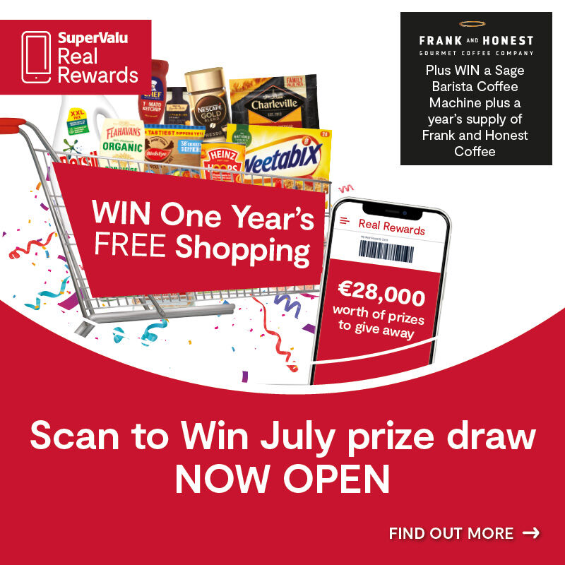 The Scan to Win prizes up for grabs in the June prize draw are: One Year Free Shopping gift card • €100 SV gift card for EVERY Store • Years supply of Frank & Honest Coffee with a Sage Coffee Machine 