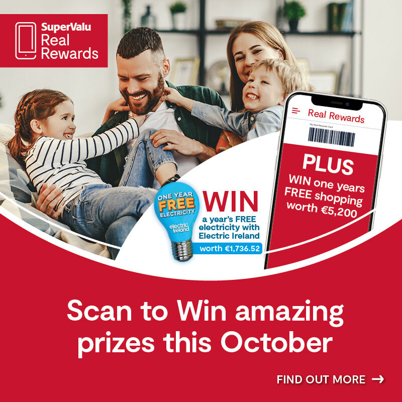Scan to Win October One Year Free Shopping gift card • €100 SuperValu e-gift card for EVERY Store • One Year Free Electricity