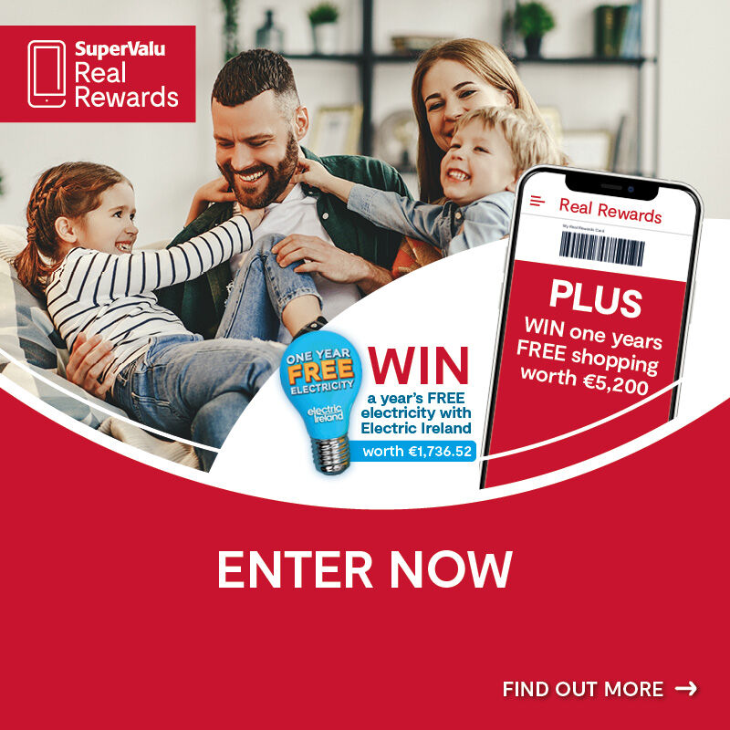 Scan to Win October One Year Free Shopping gift card • €100 SuperValu e-gift card for EVERY Store • One Year Free Electricity