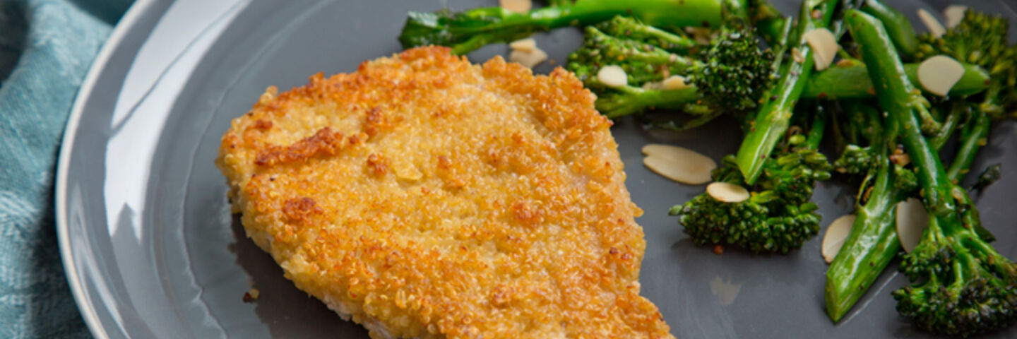 Quinoa and Parmesan-Crusted Pork Chops with Roast Tenderstem Broccoli 
