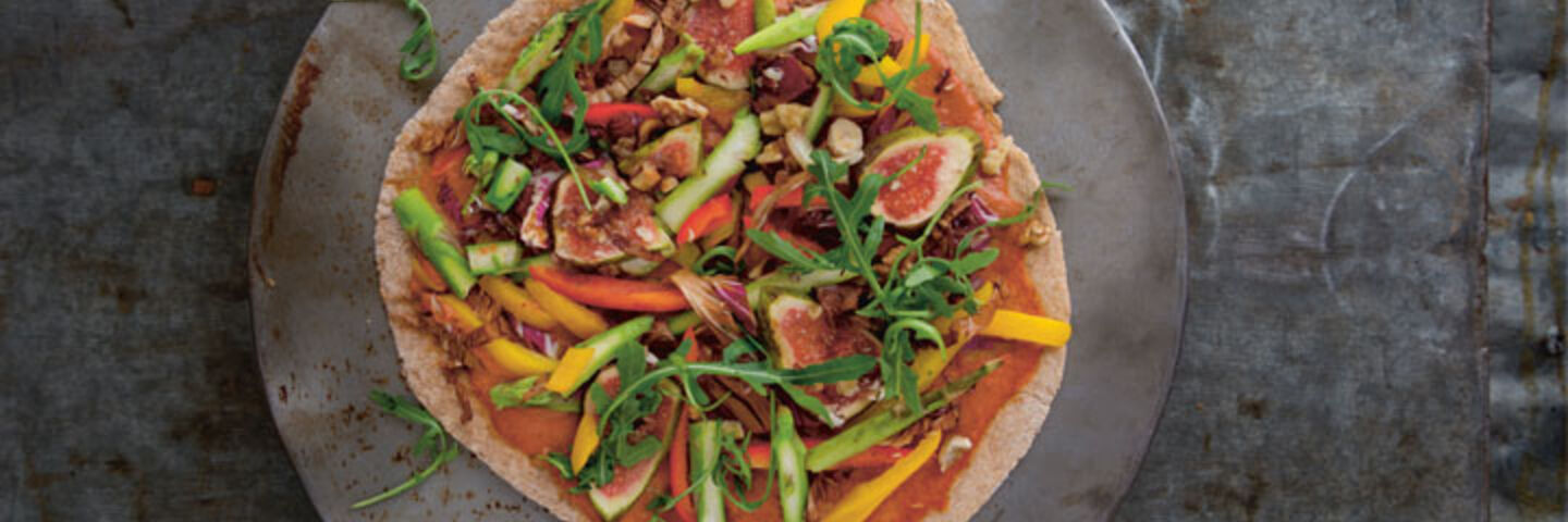 Spelt Pizza with Asparagus, Radicchio and Rainbow Vegetables