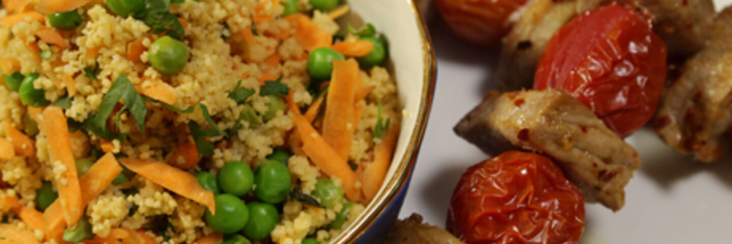 Thursday 12th Feb - Spiced Pork Kebabs with Pea and Herb Cous Cous