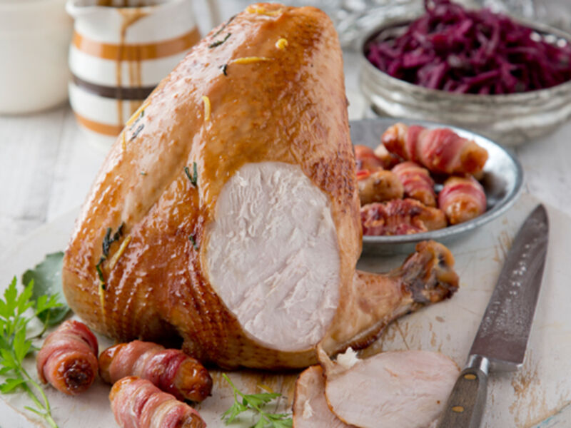 Turkey crown pigs in a blanket braised red cabbage recipe