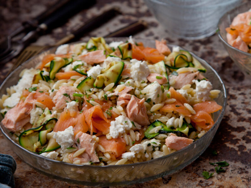 Courgette feta salmon pasta salad recipe