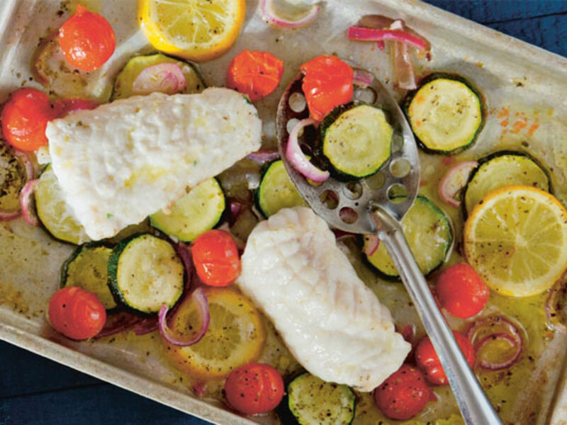Baked Monkfish with Cherry Tomatoes, Red Onion