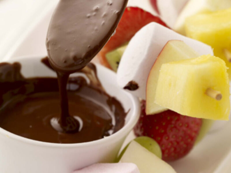Fruit and Marshmallow Kebabs with Chocolate Sauce