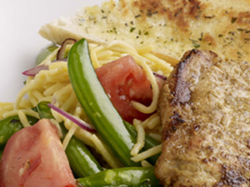 Barbecued Curried Pork Chops with Warm Noodle Salad