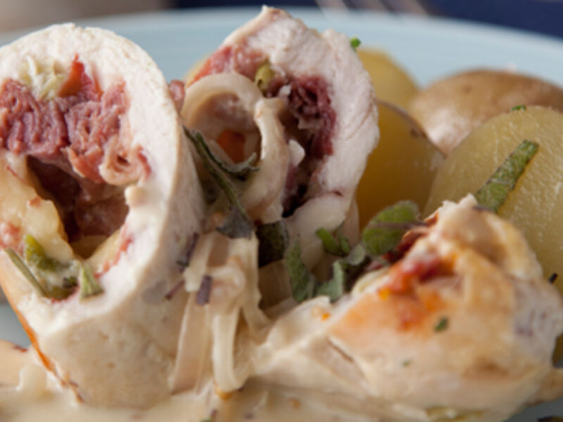 Roulade of Chicken with Cooleeney, Sundried Tomatoes & Prosciutto Ham